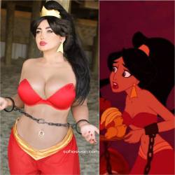 sofiasivancosplay:  Nominated by @ladyvioletlove to do a #sidebysidecomparison  I chose my #slave #jasmine. I remember watching this scene when I was little and it awakened feelings in me 😂 #Disney #aladdin #cosplay #nowilovechains