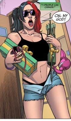 moshinyourheartx:   capricious-muse:  Okay but Harley is so fucking considerate, tho? She knows Canary and Arrow are having a baby and that the baby will either be an archer or a screamer and she presents gifts accordingly.  She’s that crazy auntie