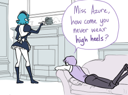 cute-blue:  Oh no, in the end he can’t see her shoes from that angle. Hahaha~ Part of the tri♥color series. (Azure actually has my opinions… I don’t really like how high heels look :p) 