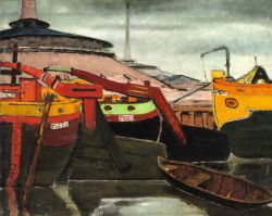 blastedheath:  Max Kaus (German, 1891-1977), Zillen und Ziegeleien [Barges and brickworks], 1931. Oil on canvas, 80.5 x 100.5 cm. 