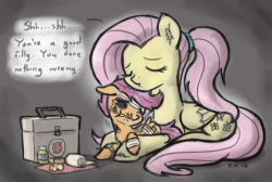king-kakapo:   Fluttershy cradling an abused and beaten Scootaloo, telling her she’s such a good filly  /mlp/ draw thread request, January 31, 2014. An anon was kind to point out the grammatical error (“You’ve done nothing wrong” instead of “You