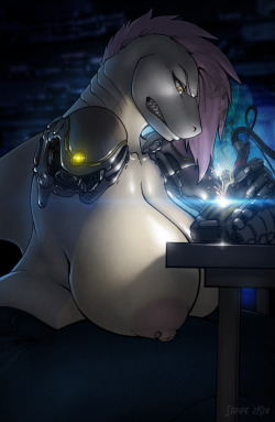 certifiedhypocrite:  talashgreydrag:  &ldquo;Goddamn cheap circuits… This is the third time this month…&rdquo; Artwork by the amazing Strype featuring Vishka.  Yay robotics &lt;3