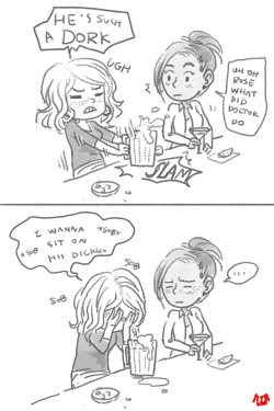 this-puppy-flies: pinchtheprincess:  this-puppy-flies:  #Things Rose says about Tentoo when she’s drunk  based on (x)   # fanart  # i am dying  # cause she sooooo would  # and then she would cry about his perfect hair  # and his beautiful sideburns