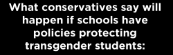 artemissian:  mediamattersforamerica:  It’s time to end the right-wing myths about the so-called “dangers” of accommodating transgender students. They’ve never been true, and they only make it harder to create safe and welcoming school environments
