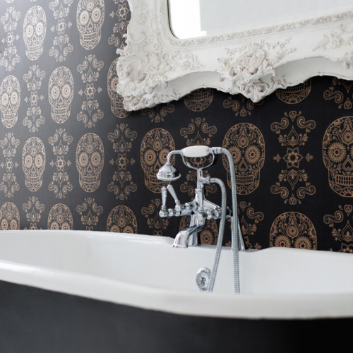 chipleydesign:  Need a little something for the nursery? Day of the Dead Sugar Skull wallpaper.