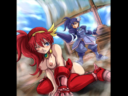 Two busty hentai female fighters one partially defeated by having her armor knocked off unleashing her big tits.