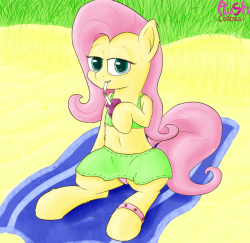 plushcolossus: Fluttershy on the beach, with juice and towel. What will she get up to? Funny, the only two pics I’ve completed involve biting.  c: