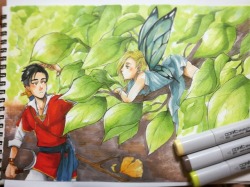 natsubu-art:“The young elf went to the forest and would’ve never imagined that he would stumble upon a fairy so beautiful that his wings seemed to sparkle between the leaves”  Yuri “Lmao I wasn’t spying at you between the leaves at all do you