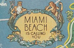 nemfrog:  A mermaid and Neptune rest comfortably on the edge of a cartouche. Miami Beach is Calling You. 1936. Pictorial map, detail.