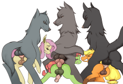 antelon:  (4/9) Commission   Crossgendered Flutterbat, Tree Hugger, and Applejack ass-fucked and creampied by large male wolves.