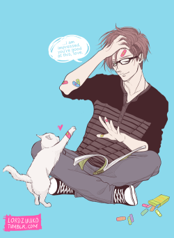 lordzuuko:  lordmomoofthemomodynasty:  lordzuuko:   Undercut! Makoto with his cute kitty commission for Annelies While Makoto was studying, kitty scarred herself and so Makoto tried to put a bandaid over it. Surprised at the weird thing in front of her,