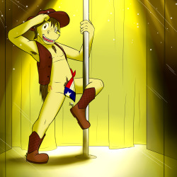Behind the yellow curtain, Lock.An enthusiastic and smiling horse boy stepped from behind the curtain, into the glass walled room for the public to see.  He wore a stereotypical cowboy get up: cowboy hat, boots, jeans, flannel shirt, and leather vest. 