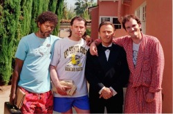 coolkidsofhistory:  Samuel L. Jackson, John Travolta, Harvey Keitel and Quentin Tarantino on the set of Pulp Fiction, 1993.