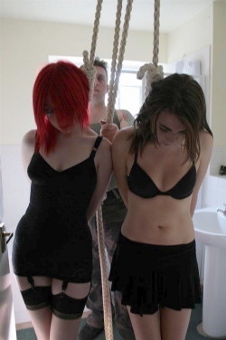 bondageandasphyxia:“Don’t worry girls. Each of you will get a turn with enough slack to go to your knees and show off your cocksucking skills. The best blowjob means that noose comes off your neck. The runner up…. well, won’t be as fortunate.”