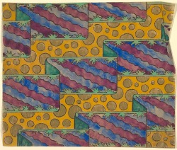 desimonewayland:Vertical Panel with Ribbons of Blue and Purple Diagonals Against a Yellow Background with Gold Circles - Anonymous, French, 20th century, 1910-29