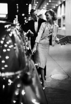 onlyoldphotography:  Gordon Parks: Woman wearing Daridow copy of Chanel evening suit. 1958 