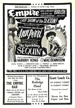 June 1954 program ad for the ‘EMPIRE Burlesk Theatre’, featuring: Ann Perri, Sequin and &ldquo;The Crown Prince of FUN&rdquo;.. Manny King!