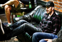 Chris Evans With Face Scruff, Wearing Plaid And A Baseball Cap And My Eyes Keep Getting
