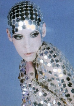 candypriceless:  Peggy Moffitt in Rudi Gernreich, nude chiffon jumpsuit paved in mirrors with mirrored skullcap, 1969 – Photo © William Claxton 