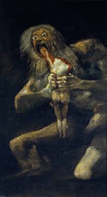 sixpenceee:  Saturn Devouring His Son is a painting by Francisco Goya. It depicts the Greek myth of Titan Cronus. He feared that he would be overthrown by one of his children. Because of this he ate each one upon their birth.