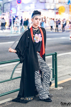 tokyo-fashion:16-year-old Japanese student BilliMayu on the street in Harajuku wearing a kimono coat from the Tokyo vintage shop Chicago, a Peco Club t-shirt, zebra striped pants from WC Harajuku, patent shoes, and Romantic Standard accessories. Full