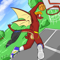 Dragons in Jocks - MangleIt was supposed to be a friendly match of basket ball amongst friends, with shirts versus skins.  Mangle was on the skins team.  And while they agreed to a no flying rule, Mangle, being a competitive rascal, would give himself