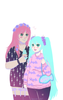 dakshinadeer:  this is a for fun experiment, featuring trans Luka &amp; chubby Miku pastel girlfriends!  uwu I don’t think I’d ever dress like this but I love this style and so I drew Miku &amp; Luka in like pastel nu goth outfits bc i love the colours