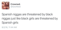 cacao-bunni:  melaninmedicine:  hrdwrknblkman:  movemojit0:  1. what is a “spanish nigga” and a “black nigga”? all niggas are black and ONLY black  2. no disrespect to the hispanic mamis out there, pero black girls aren’t threatened by anyone