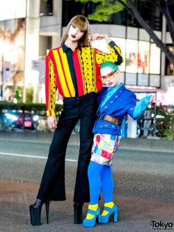 tokyo-fashion:Fun Japanese friends 19-year-old Zutti and 18-year-old Sakurako on the street in Harajuku wearing colorful vintage styles from Kinji Harajuku with Versace accessories, handmade items, and tall platform heels. Full Looks