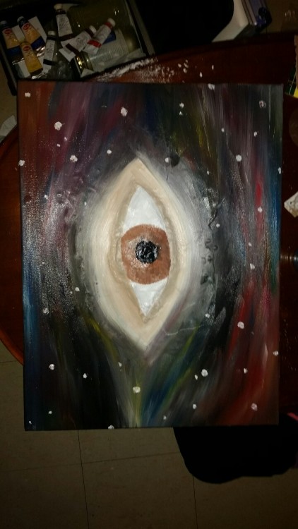 Oil painting on canvas, the eye is made with porn pictures