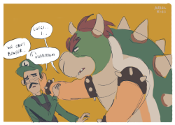 arielries:Instead of capturing Peach… Bowser wants to capture…. LUIGI’S HEART?!?! i made a joke tweet then drew the first one kind of jokingly and then it  all became too real and i can’t pass it off as a joke anymore i apologise to my family