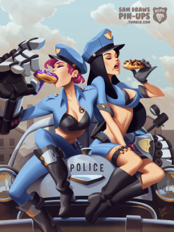 samdrawspinups:  🍩 Officer Caitlyn and Officer Vi! 🍩 Hey everyone!!! So finally after a long long time since the last, here’s another LoL pin-up! I tried something a little different with this one, and honestly am not so sure how it turned out