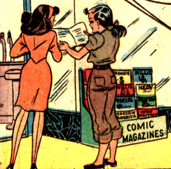 superdames:  Girls reading Marvel comics in a Marvel comic in 1948. Visible on the racks are Frankie, Millie, Willie, Hedy, Marvel, Captain America, Wild Western, and I think maybe Two-Gun Kid. —Patsy Walker #18 (1948)  marvelception