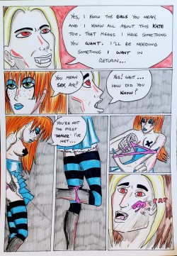 Kate Five vs Symbiote comic Page 150  150 pages! Quite a milestone. Here we see new girl Aideen taking off her knickers (panties for you Colonial folk) and pinging them into Marcus’ startled face!  For 5 foot Nothing this girl is taking charge of our