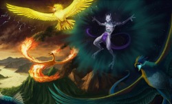 youngjusticer:  Articuno, the “freeze” Pokemon, can chill moisture in the air to make snow fall. Zapdos, the “electric” Pokemon, releases lightning by flapping its glittering wings. Moltres, the “flame” Pokemon, is a one-of-a-kind bird whose