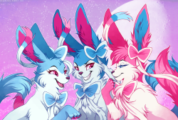 playbunny:  Phew, It took me 4 days to finish this thing but I’m very happy with how it turned out ! Here are my three in game Sylveon. From left to right, Charlie, Elliot, and Bijou.  Charlie is the youngest and smallest out of the three, she’s