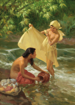 Asian  Maidens by a Stream, by Fernando Cueto Amorsolo  Southeast Asian    