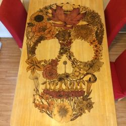Stunningpicture:  Flower Skull Woodburning On Kitchen Table 