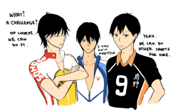 poopyuu:  Black haired characters that love their sports. So I though it would be nice seeing them together hahaha Yowamushi Pedal X Free! X Haikyuu!! 