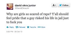 ssjdebusk:  whatshehassaid:  smellslikegirlriot:  This is rape culture  That is fucked up  Why are people so scared of murder? Y’all should feel pride that someone risked life in jail just to kill you Literally that is how stupid these people sound