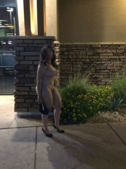 beautygeek123:  We are in front of a restaurant we occasionally go to. Yes, she is completely nude. In a public parking lot. At a busy restaurant. And she walked all the way to the car this way! She was laughing and I was red faced. She gets such a kick