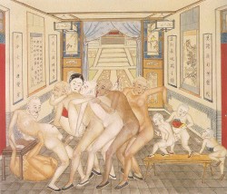 historic-erotic-art:  Today’s piece of historic erotic art comes to us from late 19th century China.  In this bisexual orgy, a group of six nude men and one lady wearing a breast binding join together in a very happy act of group sex to form a love
