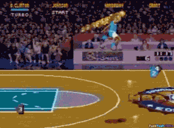 f-ckyeah1990s:  bill clinton dunking from across the court in NBA Jam   He&rsquo;s on fiiirrre lolMemories
