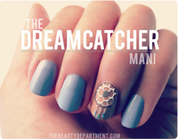lipgloss-is-poppin:  The Dreamcatcher Mani Paint all but one nail the same color, then add an accent color for the last nail. Next, cut a small circle out of a piece of lace. Try to cut the circle from somewhere you see a good pattern. Lay down a generous