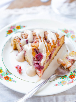 ilovedessert:  Strawberries and Cream Coffee Cake with Vanilla Cream Cheese Glaze