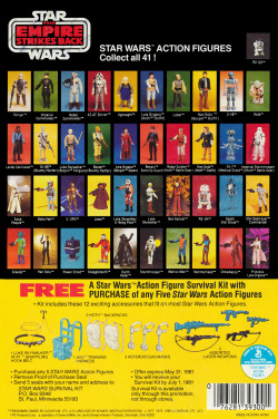iamsoretro:  Star Wars Action Figures: Collect All 41! Vintage Empire Strikes Back cardback from Kenner offering a “Free Action Figure Survival Kit” with purchase of any five Star Wars Action Figures.  Scan by Skip The Frogman 