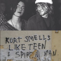 l0nelygurlz:  sasquatchgang:  Kathleen Hanna of Bikini Kill spray painted “Kurt smells like teen spirt man” on a wall in Kurt Cobains apartment because that’s the type of deodorant his girlfriend wore and he didn’t know it was a deodorant and