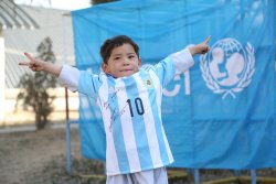 heartsoftruth:  Murtaza Ahmadi, the 5-year-old boy from Afghanistan who became an online hit after wearing a homemade shirt bearing Lionel Messi’s famous number 10 has finally received the real thing - from the Argentine footballer himself. Messi’s