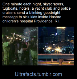 ultrafacts:  For one sparkling minute each night, skyscrapers, tugboats, hotels, a yacht club and police cruisers send a blinking goodnight message to sick kids inside a children’s hospital.A gesture that began with a single light six years ago has