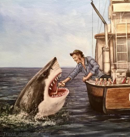 thefingerfuckingfemalefury:blue–folder:“Drinking Buddies” I painted it in 2019. Probably my best work. No more darker and edgier reboots instead here is the happier and kinder version of Jaws In which Jaws just wants to party on the beach but people